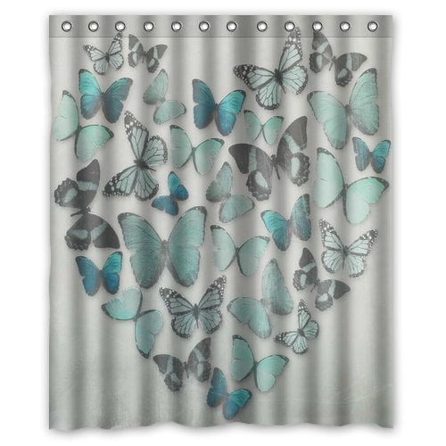 Blue Butterfly Art Shower Curtain Bathroom Decor Set Waterproof Polyester Hooks